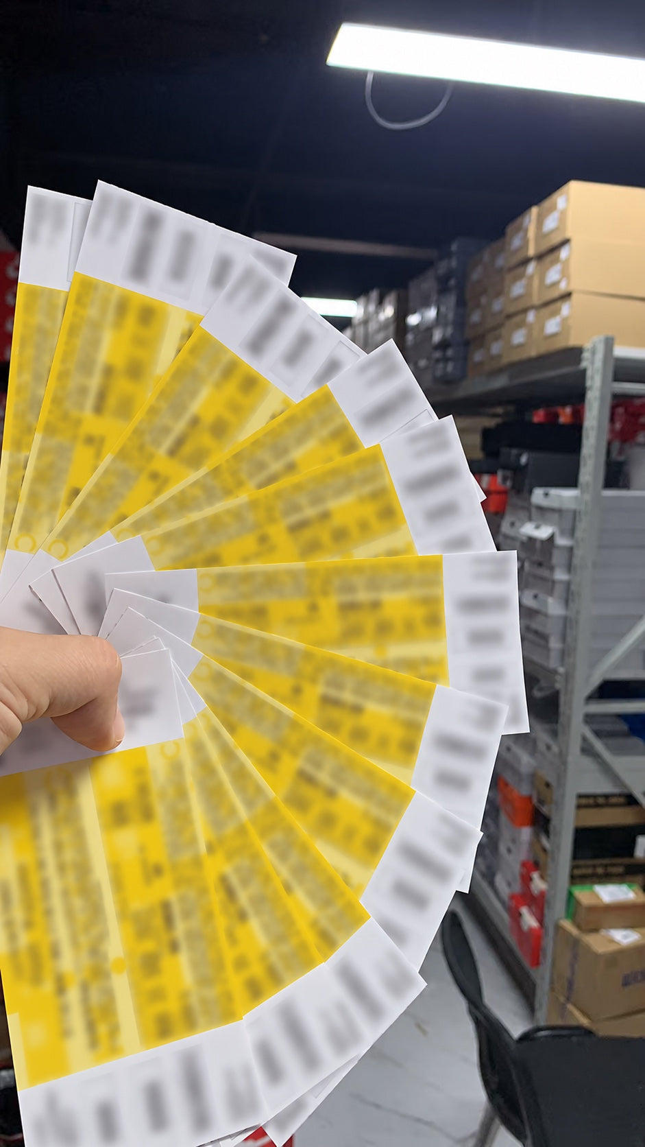 A hand holding logistics tickets during order handling and verification